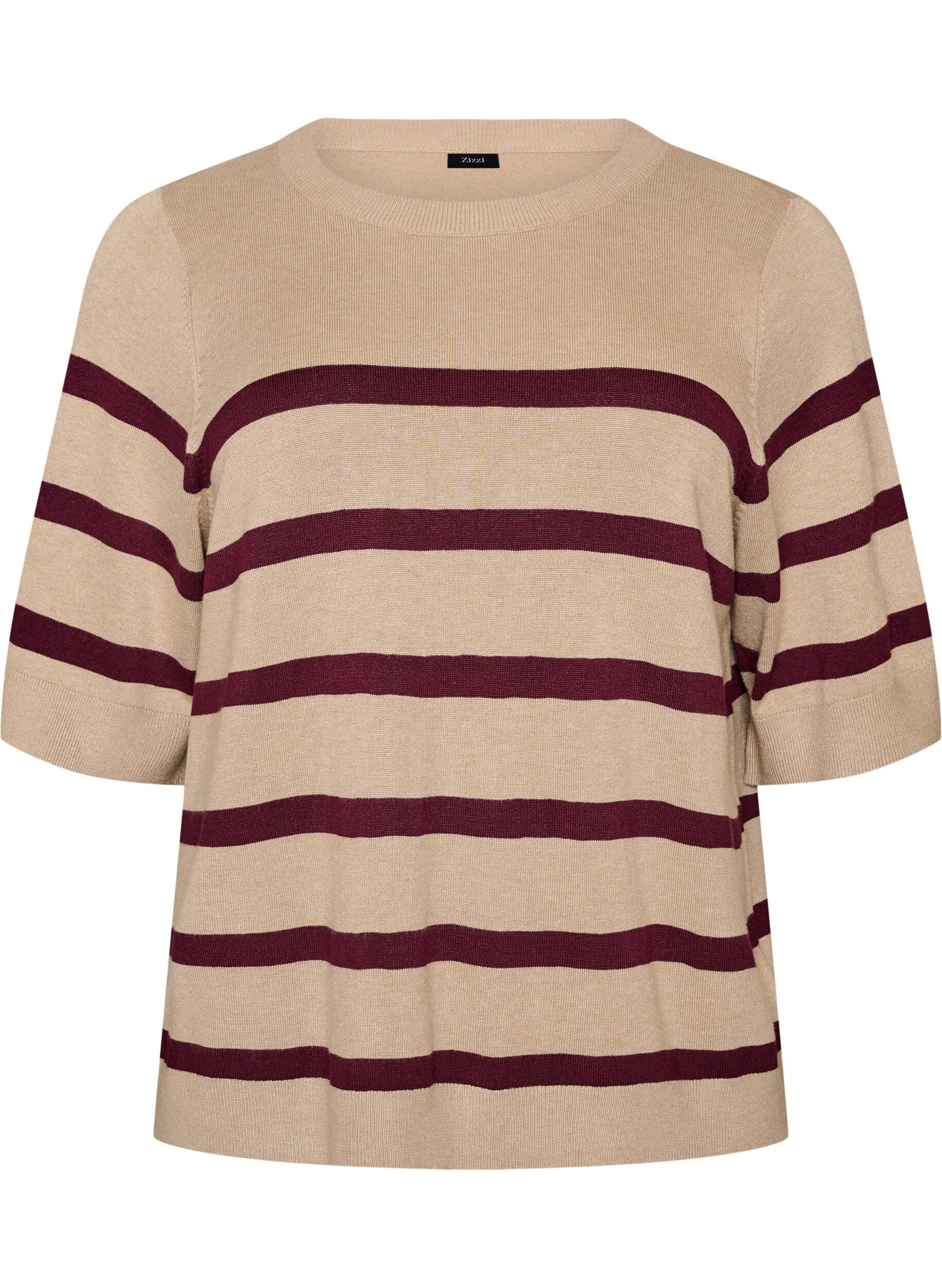 ZizziHaut en maille ray&eacute;e &agrave; manches courtes, Beige, Packshot image number 0