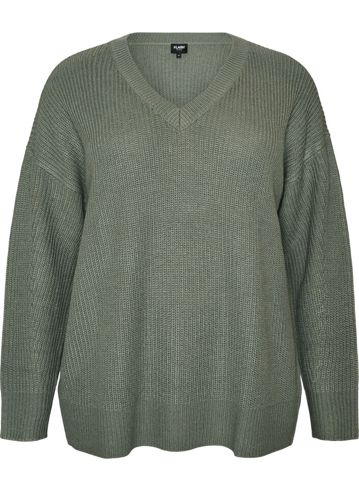 Lange Rippstrickbluse mit V-Ausschnitt, Gr&uuml;n, Packshot image number 0