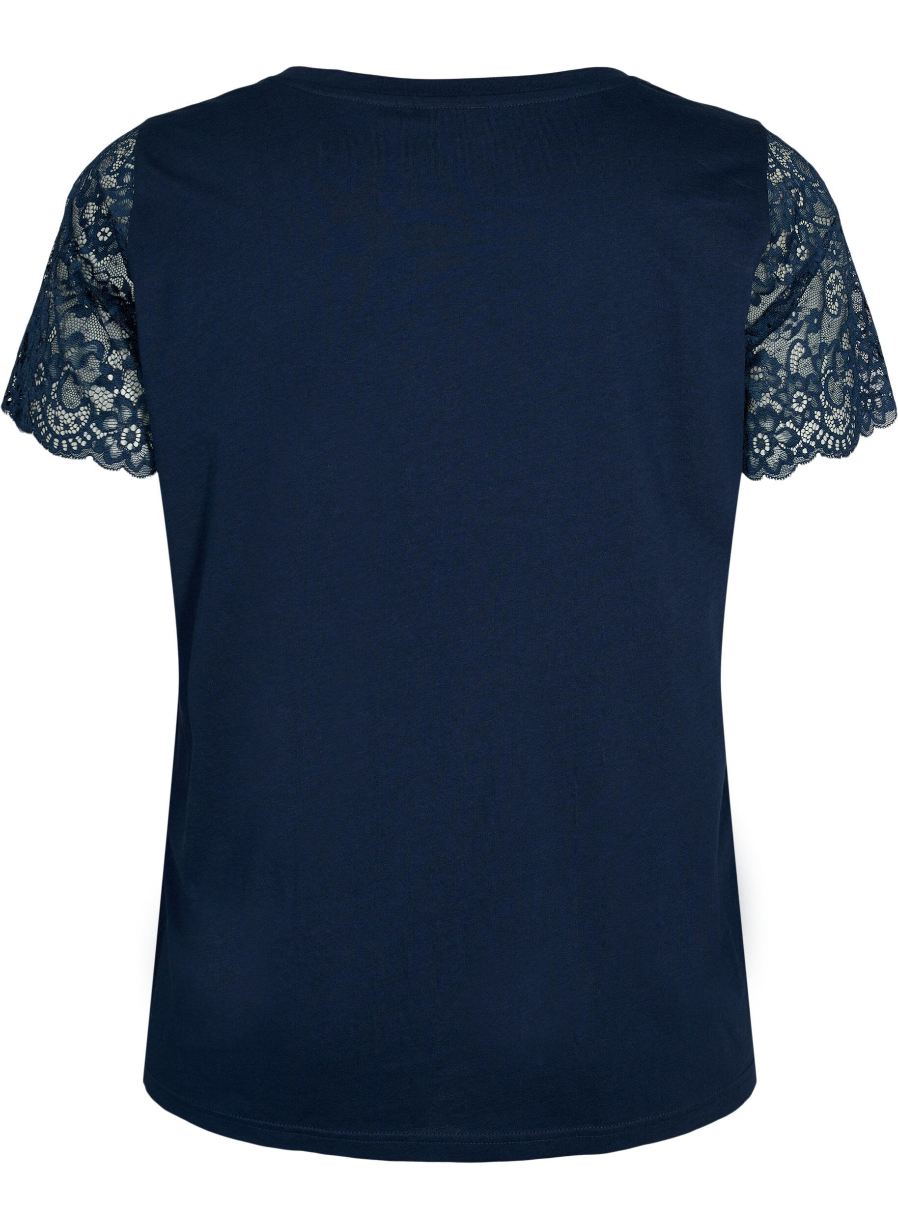 Zizzi T-shirt en coton avec manches courtes en dentelle, Bleu, Packshot image number 1