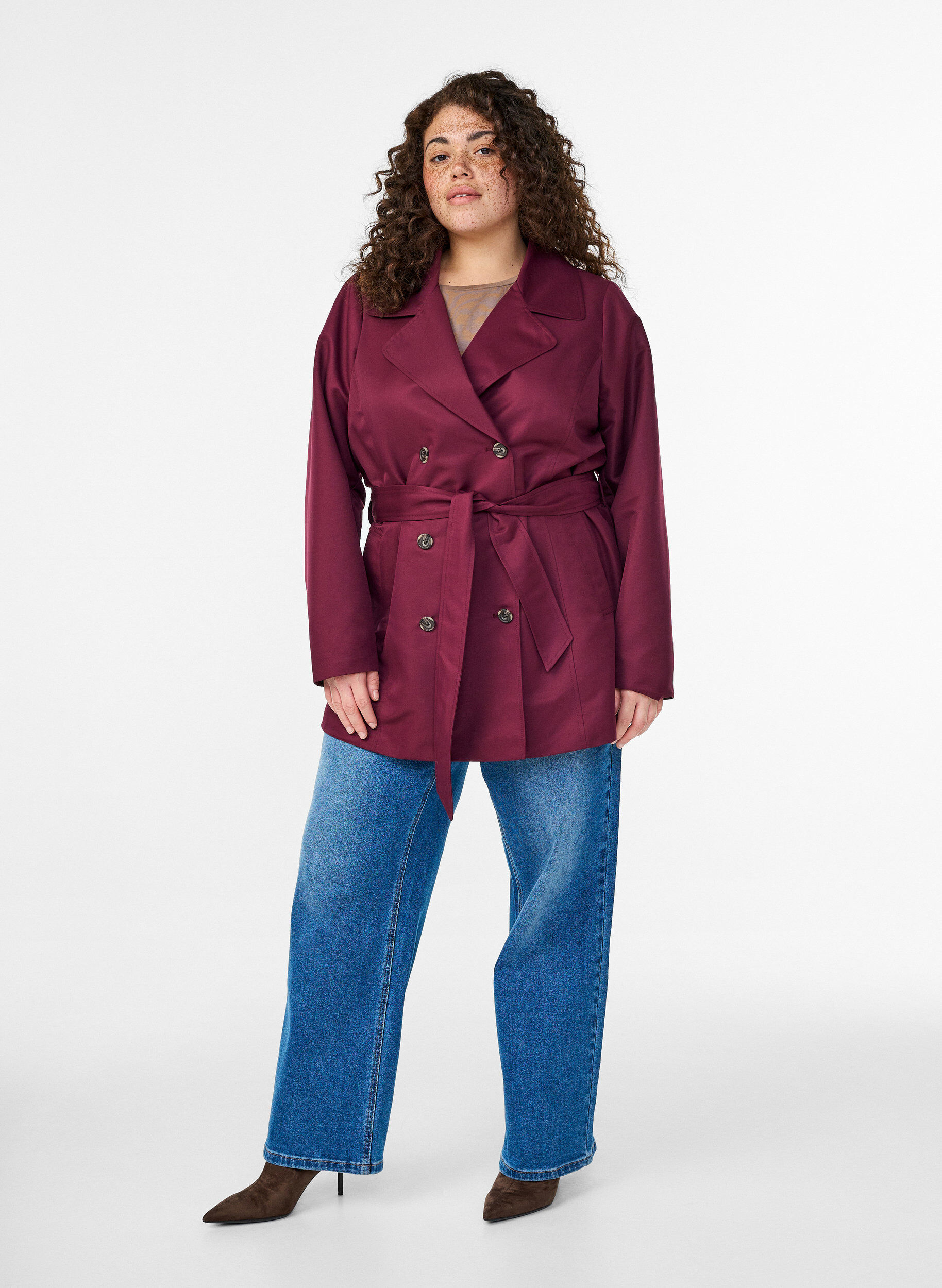 Zizzi Trench court avec ceinture, Bordeaux fonc&eacute;, Model image number 1