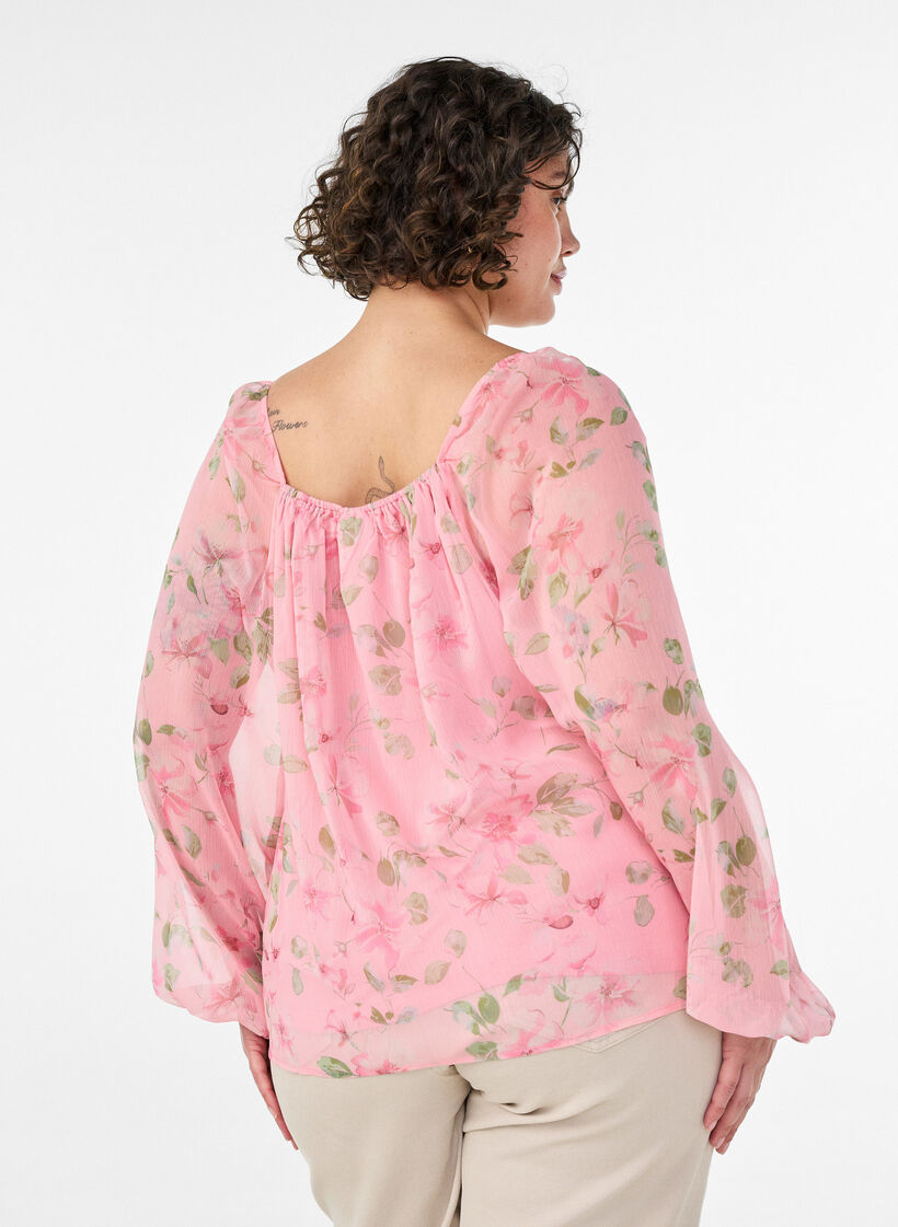 Chemisier en mousseline avec imprim&eacute; floral et manches longues, Rose, Model image number 2