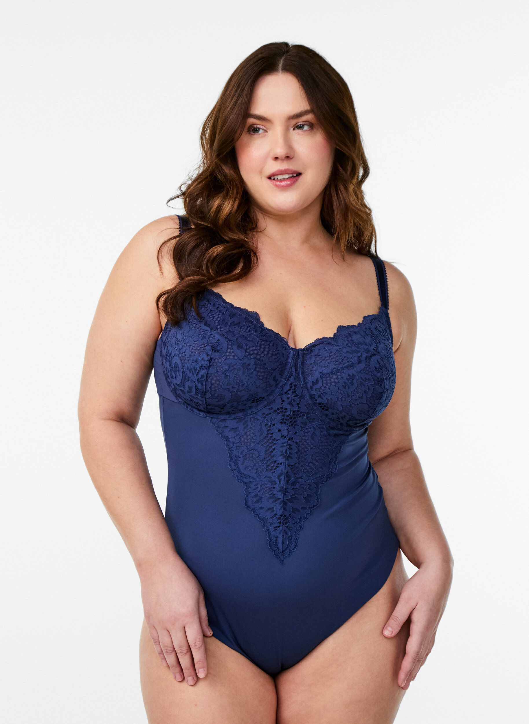 Bodystocking avec armatures et dentelle, Bleu, Model