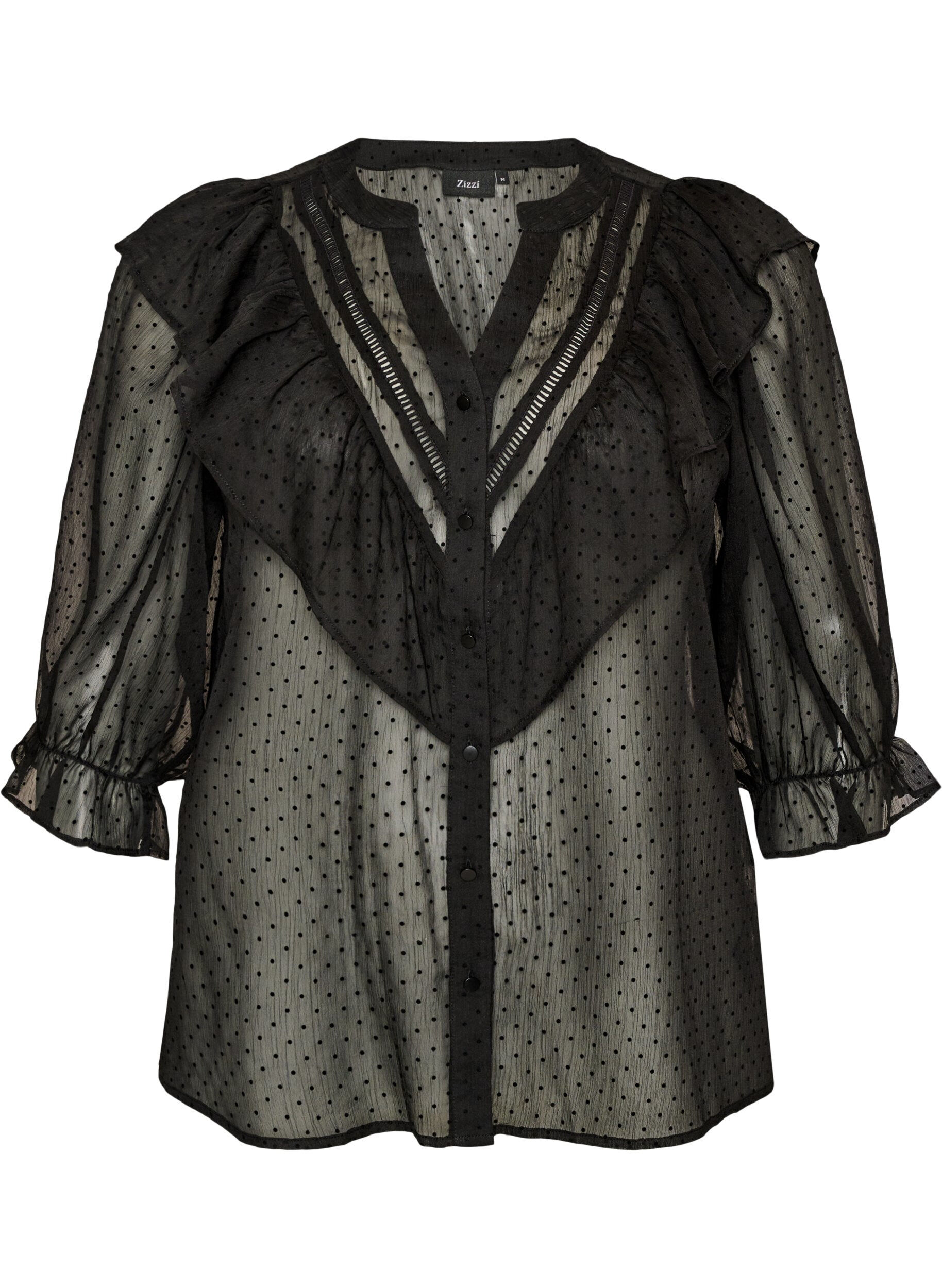 ZizziTransparente Hemdbluse mit Punkten und R&uuml;schendetails, Schwarz, Packshot image number 0