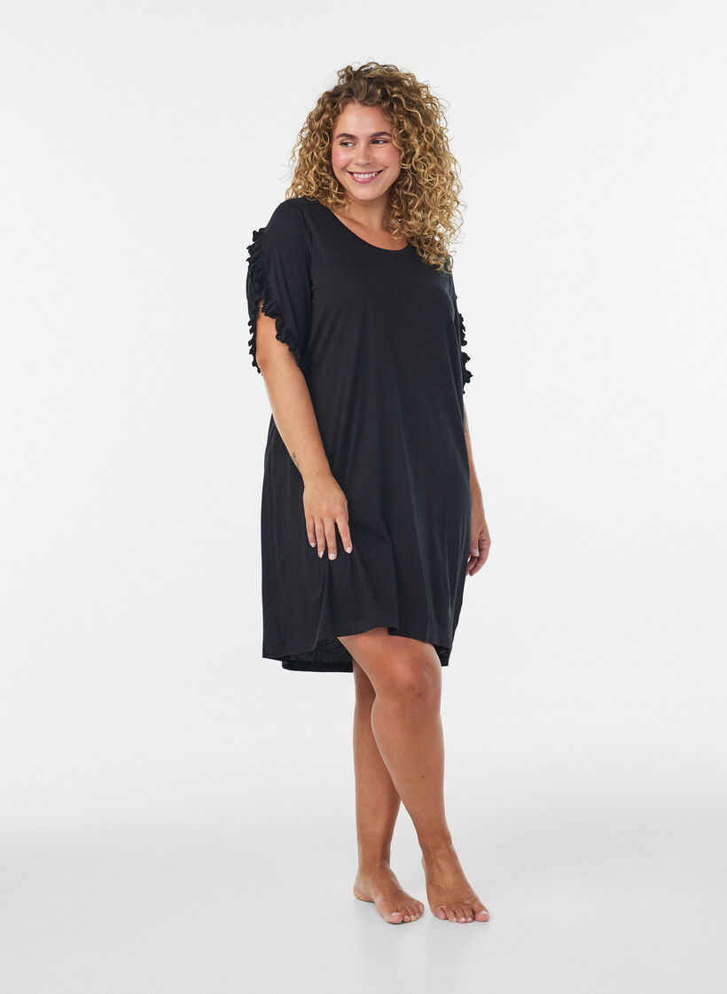 Nachthemd aus Bio-Baumwolle mit R&uuml;schen&auml;rmeln, Schwarz, Model image number 1