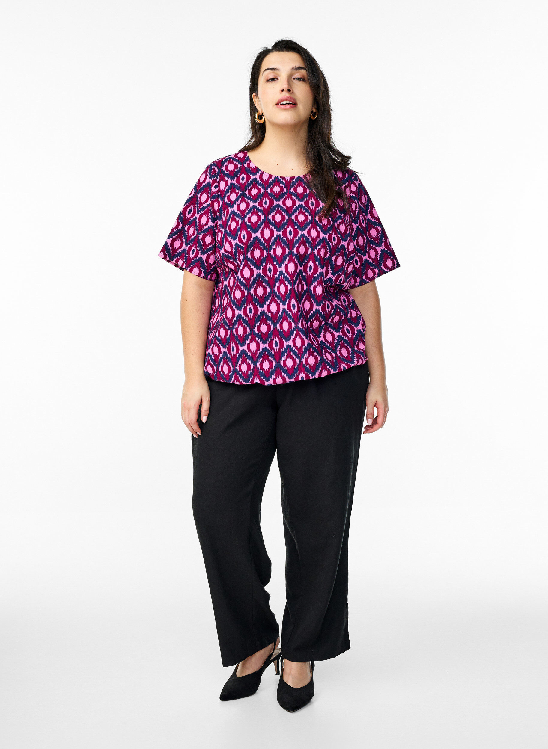 Zizzi Baumwoll-Bluse mit Print und kurzen &Auml;rmeln, Pink, Model image number 1