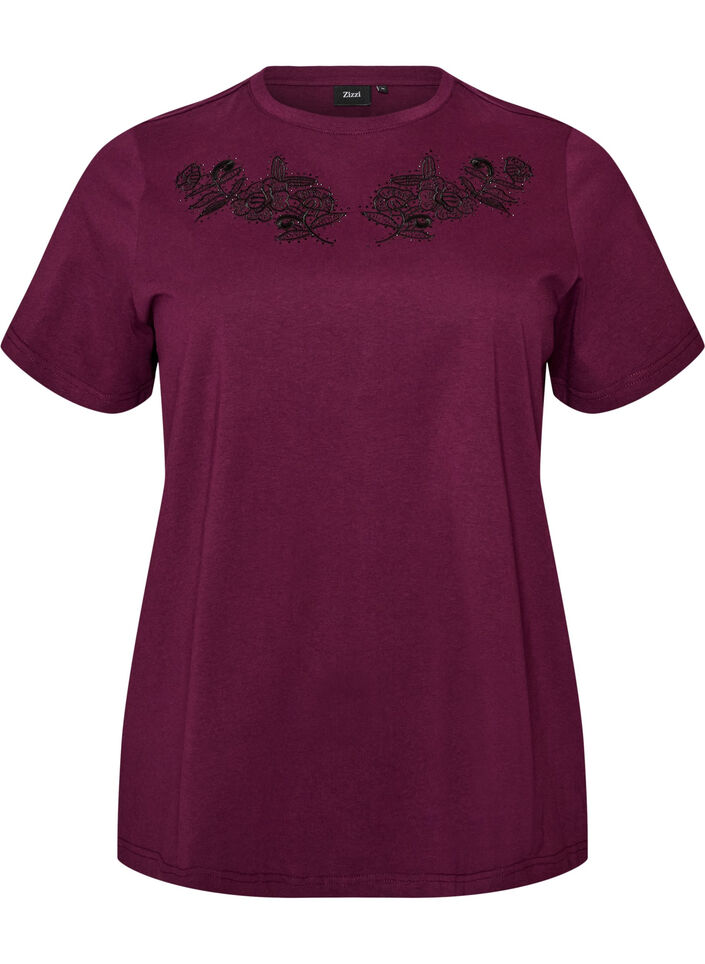 T-shirt avec broderie florale et strass, Violet, Packshot image number 0