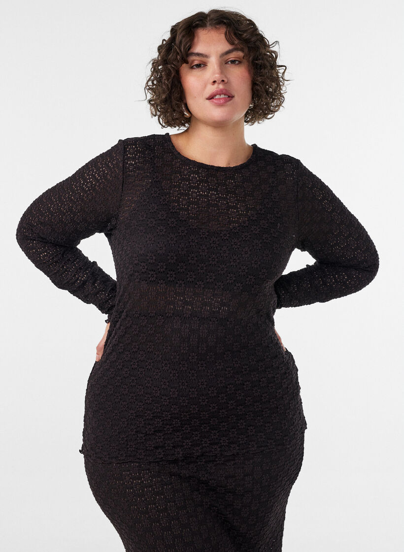 Bluse mit Lochmuster und langen &Auml;rmeln, Schwarz, Model image number 0