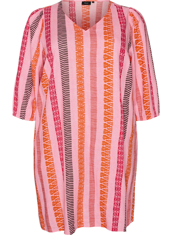 Kurzes Kleid aus Leinen und Viskose mit 3/4-&Auml;rmeln, Pink, Packshot image number 0