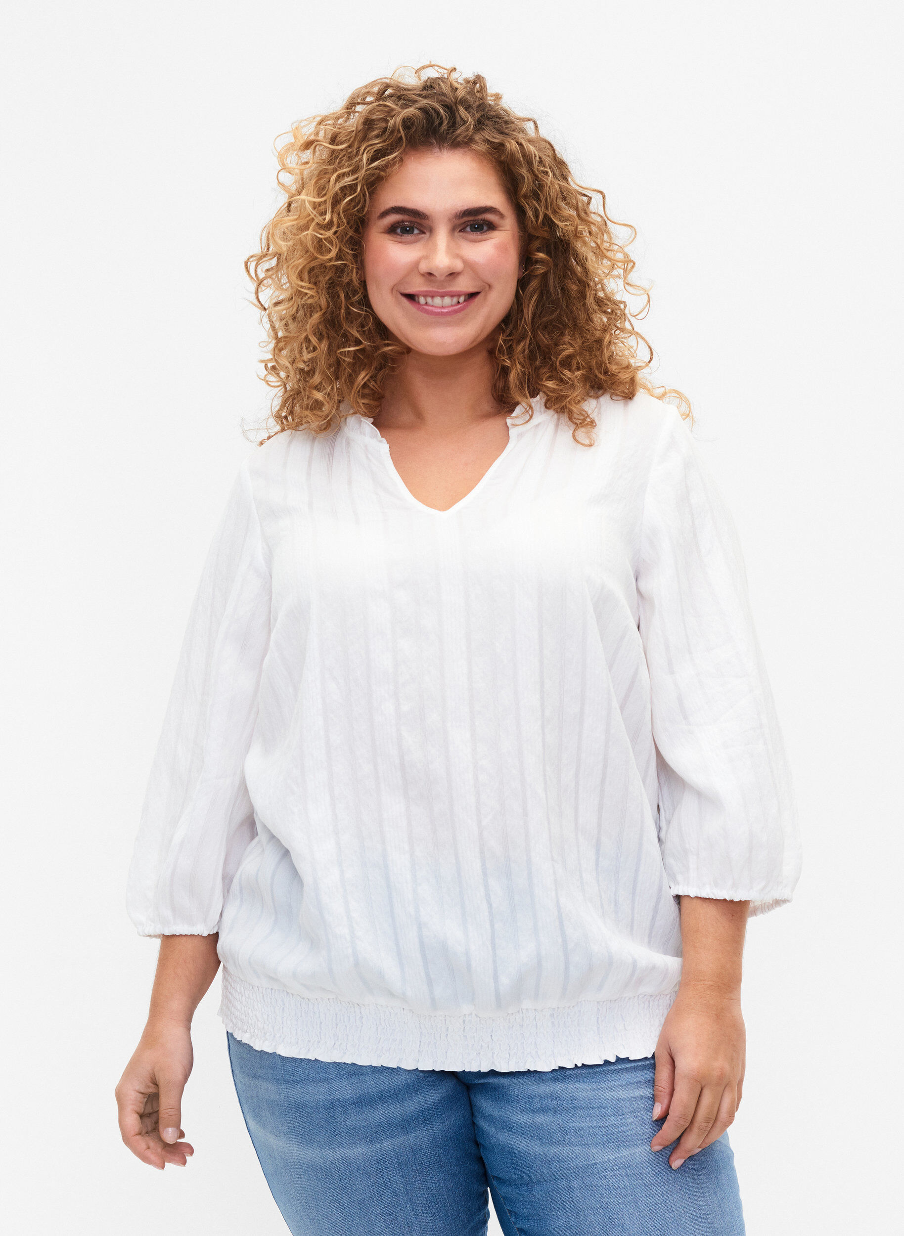 Zizzi Chemisier &agrave; manches 3/4 en viscose avec smock, Bright White, Model image number 0