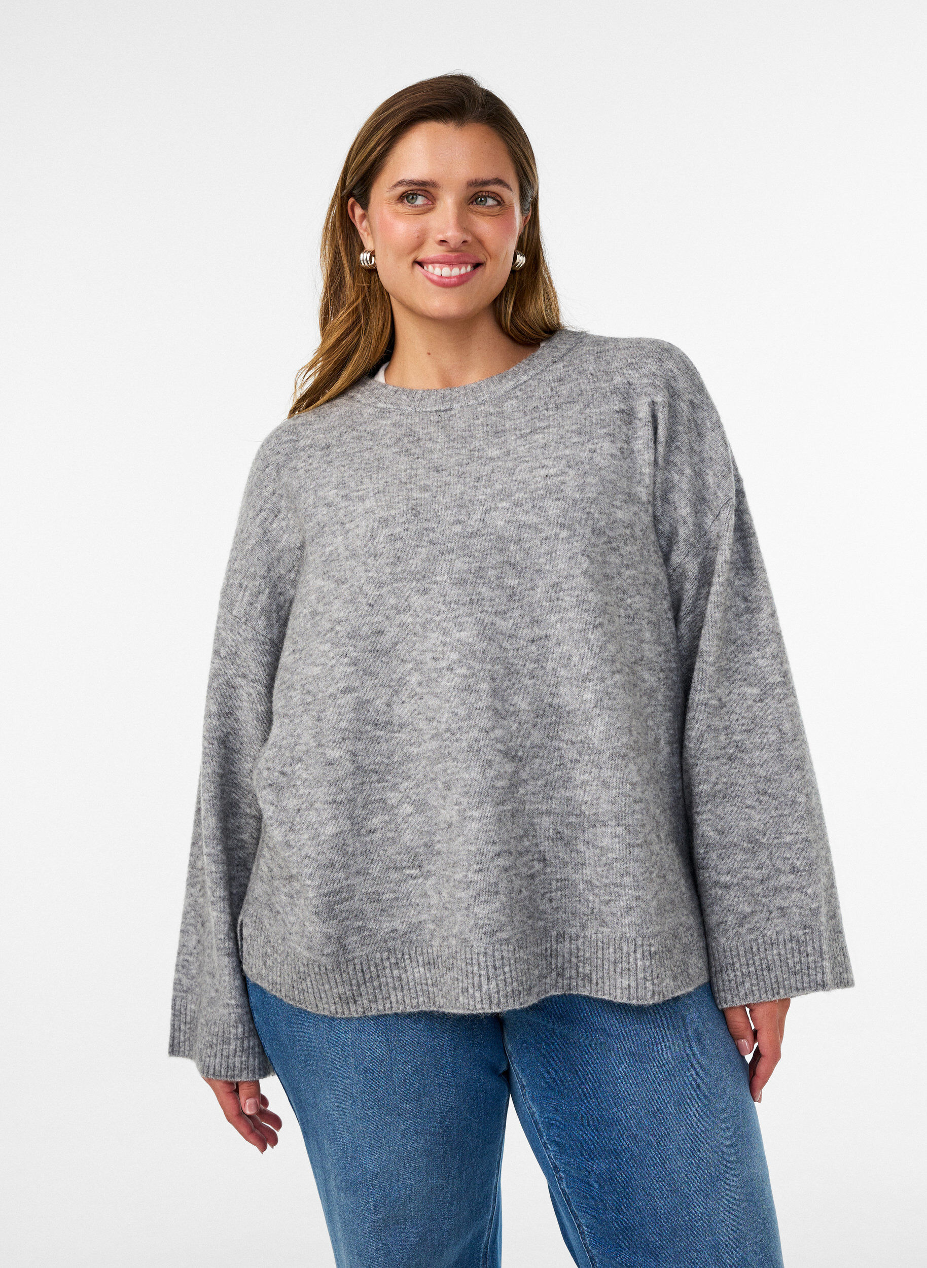ZizziLocker gestrickte Bluse mit Alpaka und Wolle, Grau, Model image number 0