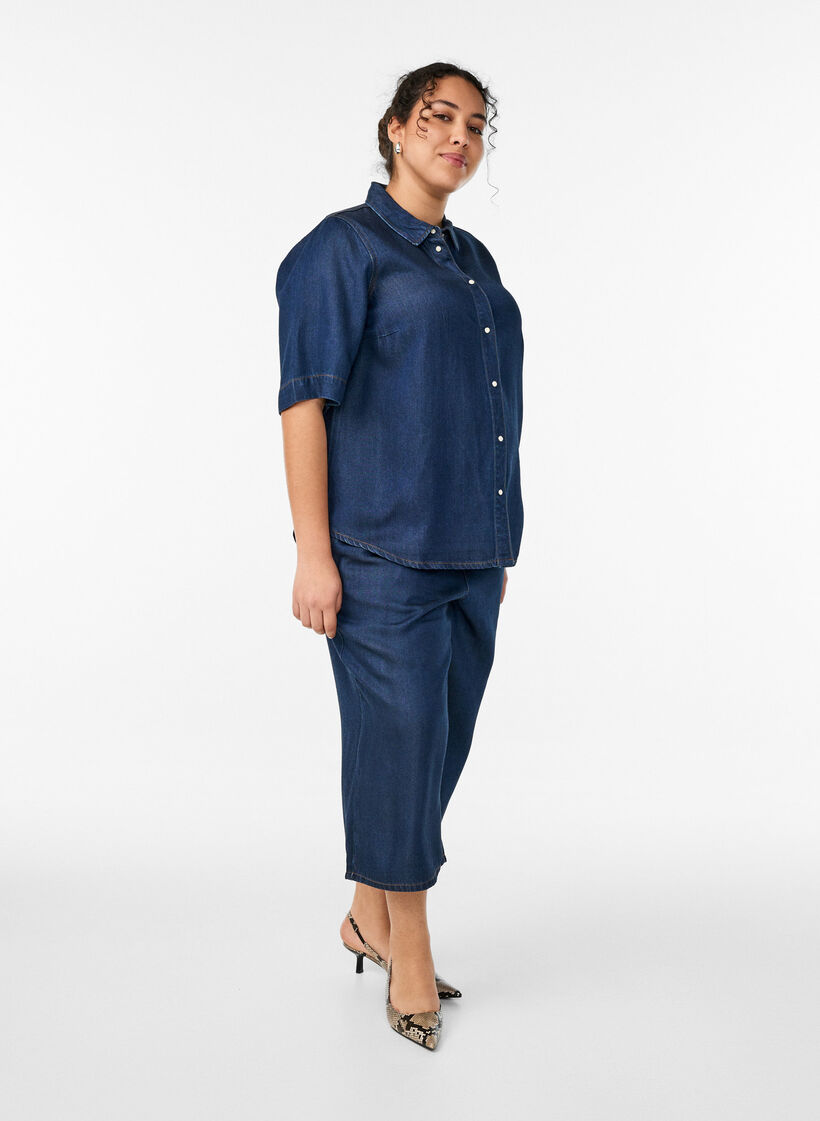 Culotte en lyocell jambes larges aspect denim, Bleu, Model image number 0