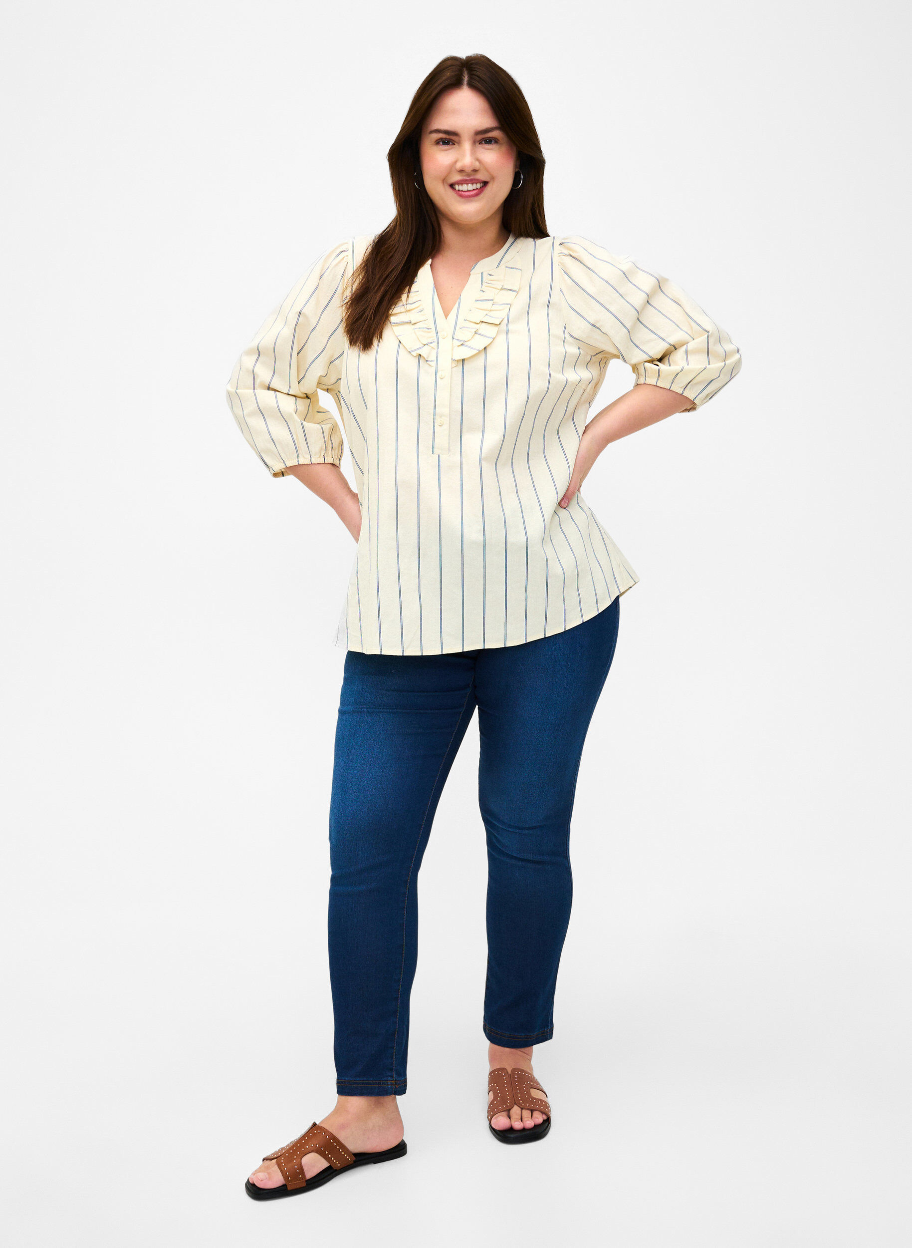 Zizzi  Baumwollbluse mit 3/4-&Auml;rmeln und Streifen, Eggnog Stripe, Model image number 2
