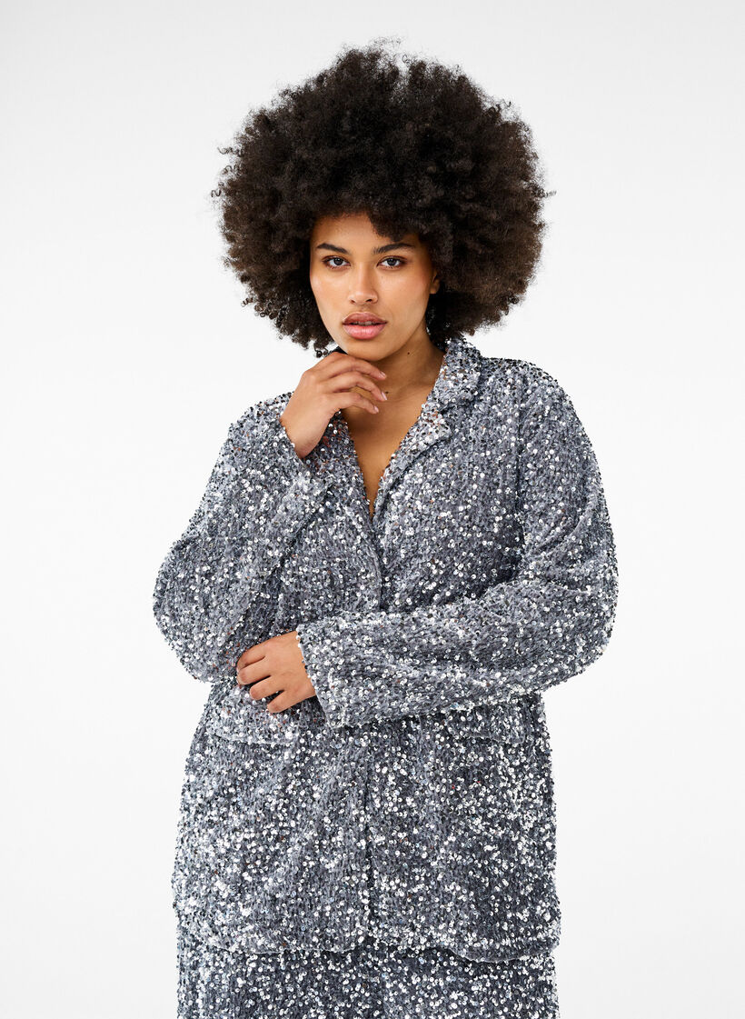 Blazer à paillettes avec des poches, Silver, Model image number 0