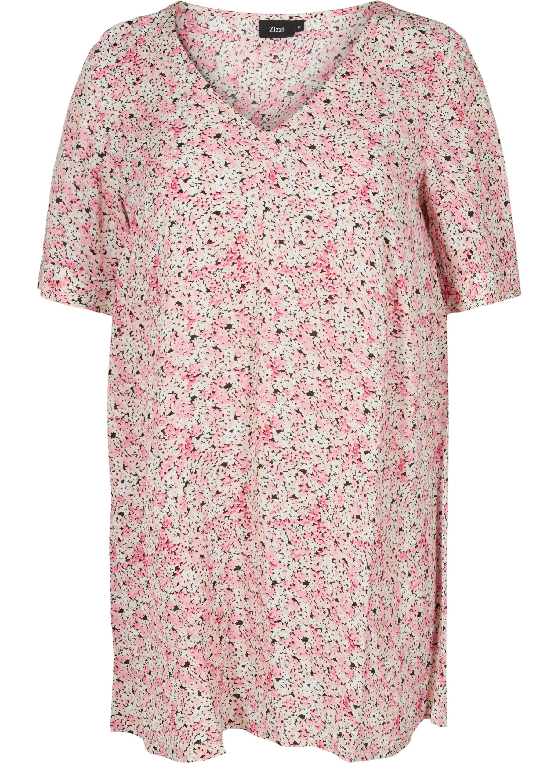 Zizzi Tunique en viscose avec imprim&eacute; et manches courtes, Pink Ditsy AOP, Packshot image number 0