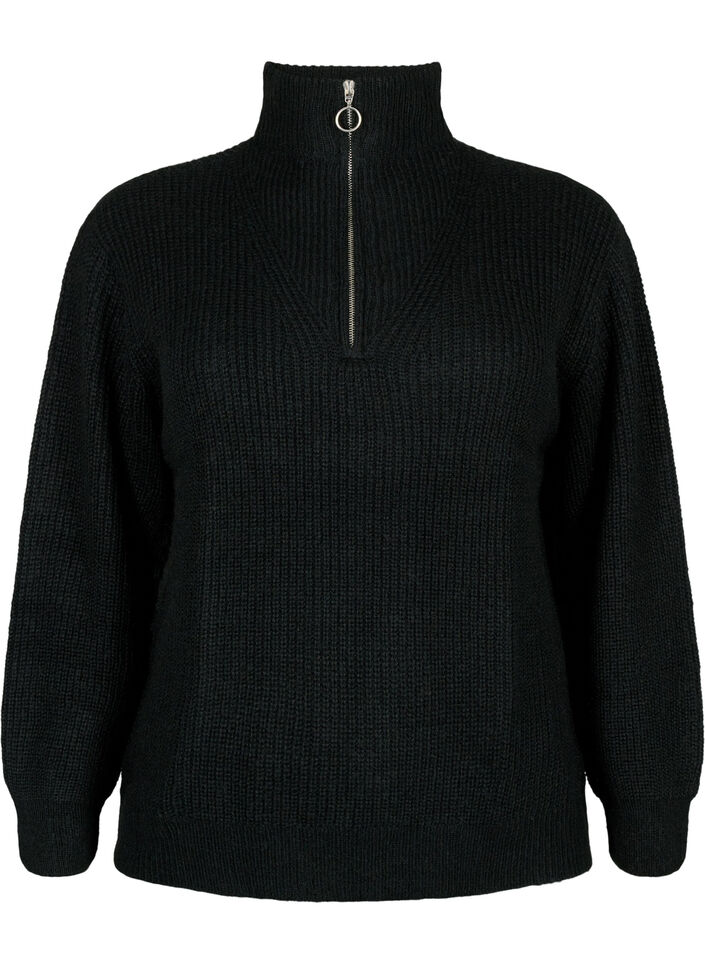 Pull en tricot avec col haut et fermeture &eacute;clair, Noir, Packshot image number 0