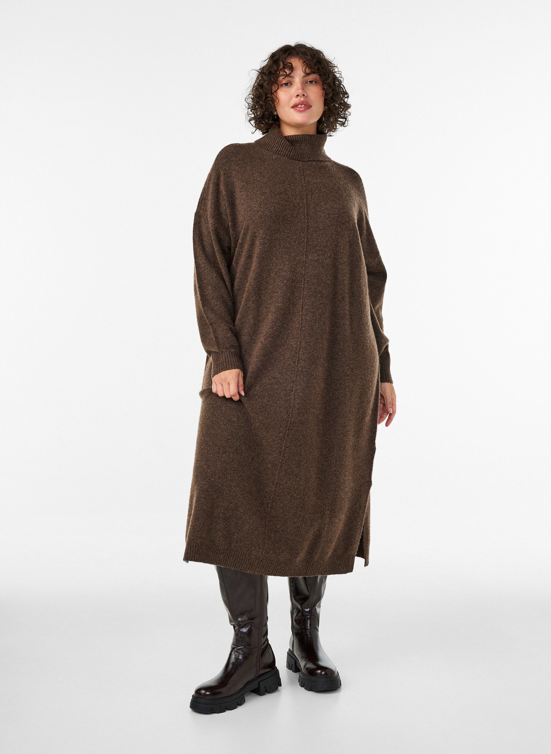 ZizziStrickkleid mit Rollkragen und Schlitzen, Braun, Model image number 0