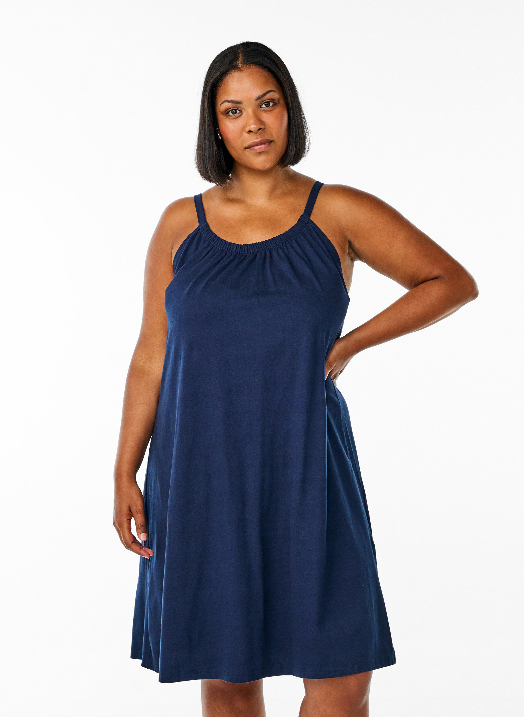 Zizzi Robe &agrave; bretelles midi en coton bio, Bleu, Model image number 0