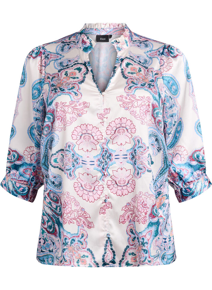 Bluse in Satin-Optik mit Paisleymuster und 3/4-&Auml;rmeln, Blau, Packshot image number 0