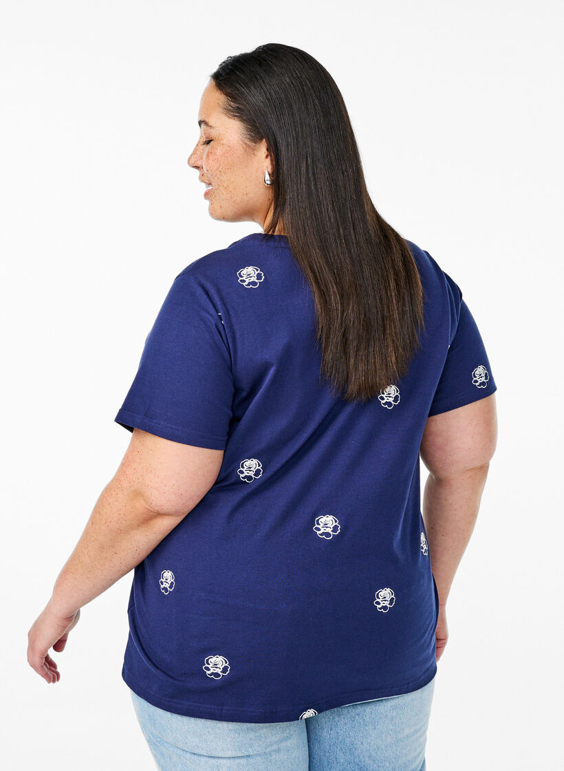 T-shirt en coton biologique avec motifs brod&eacute;s, Bleu, Model image number 2
