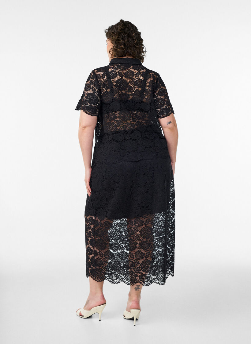 Midi-Spitzenrock mit elastischem Bund, Schwarz, Model image number 1