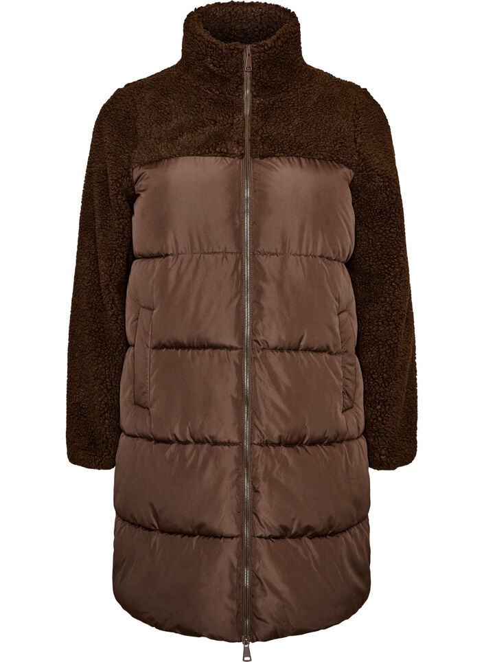 Mittellange Steppjacke mit Teddyfleece, Braun, Packshot image number 0