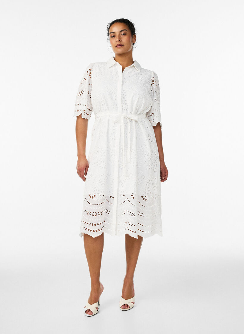 Hemdblusenkleid aus Broderie Anglaise mit Bindeg&uuml;rtel, Wei&szlig;, Model image number 1