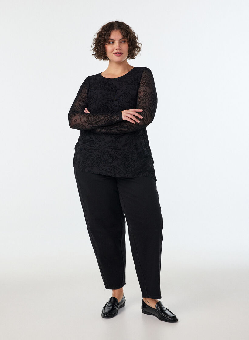 Mesh-Bluse mit Paisley-Print und asymmetrischem Saum, Schwarz, Model image number 1