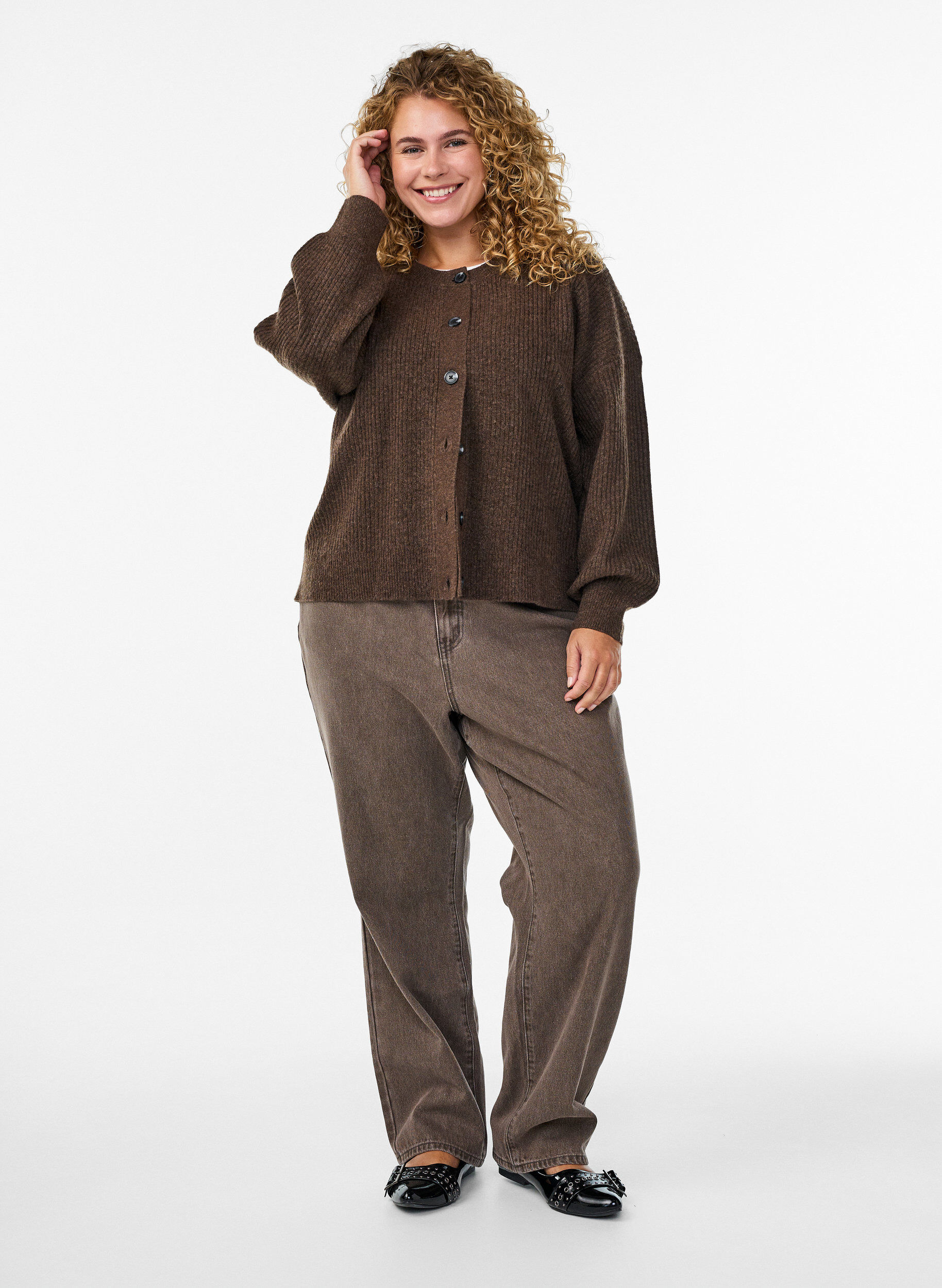ZizziRippenstrick Strickjacke mit Kn&ouml;pfen, Braun, Model image number 1