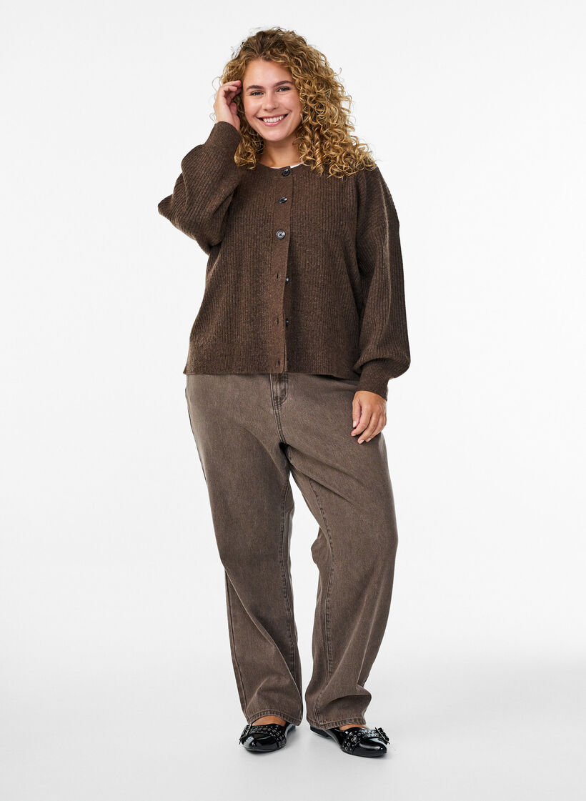 Rippenstrick Strickjacke mit Kn&ouml;pfen, Braun, Model image number 1