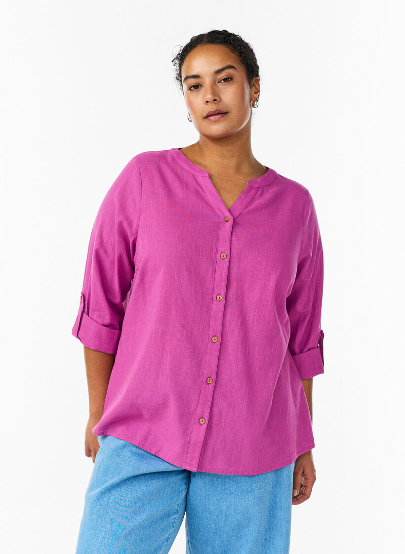Hemdbluse aus Baumwolle mit V-Ausschnitt, Pink, Model image number 0