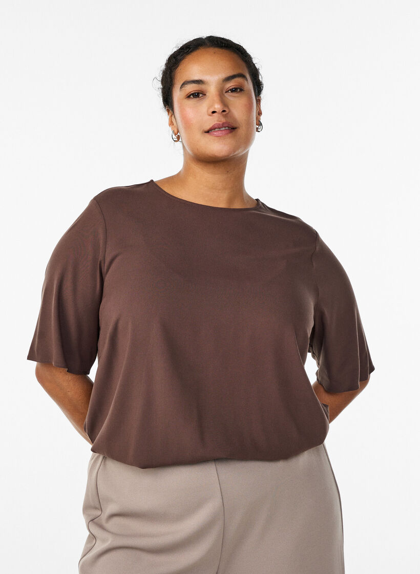 Kurz&auml;rmelige, gewebte Bluse mit Rundhals, Braun, Model image number 0