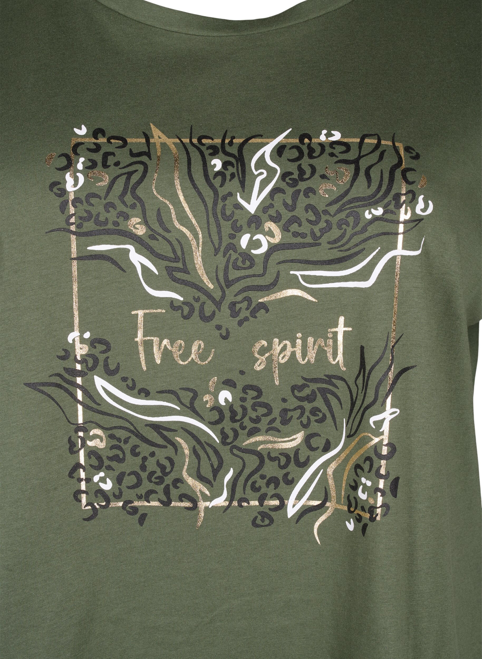 Zizzi T-shirt en coton biologique avec imprim&eacute; dor&eacute;, Thyme W. Free, Packshot image number 2