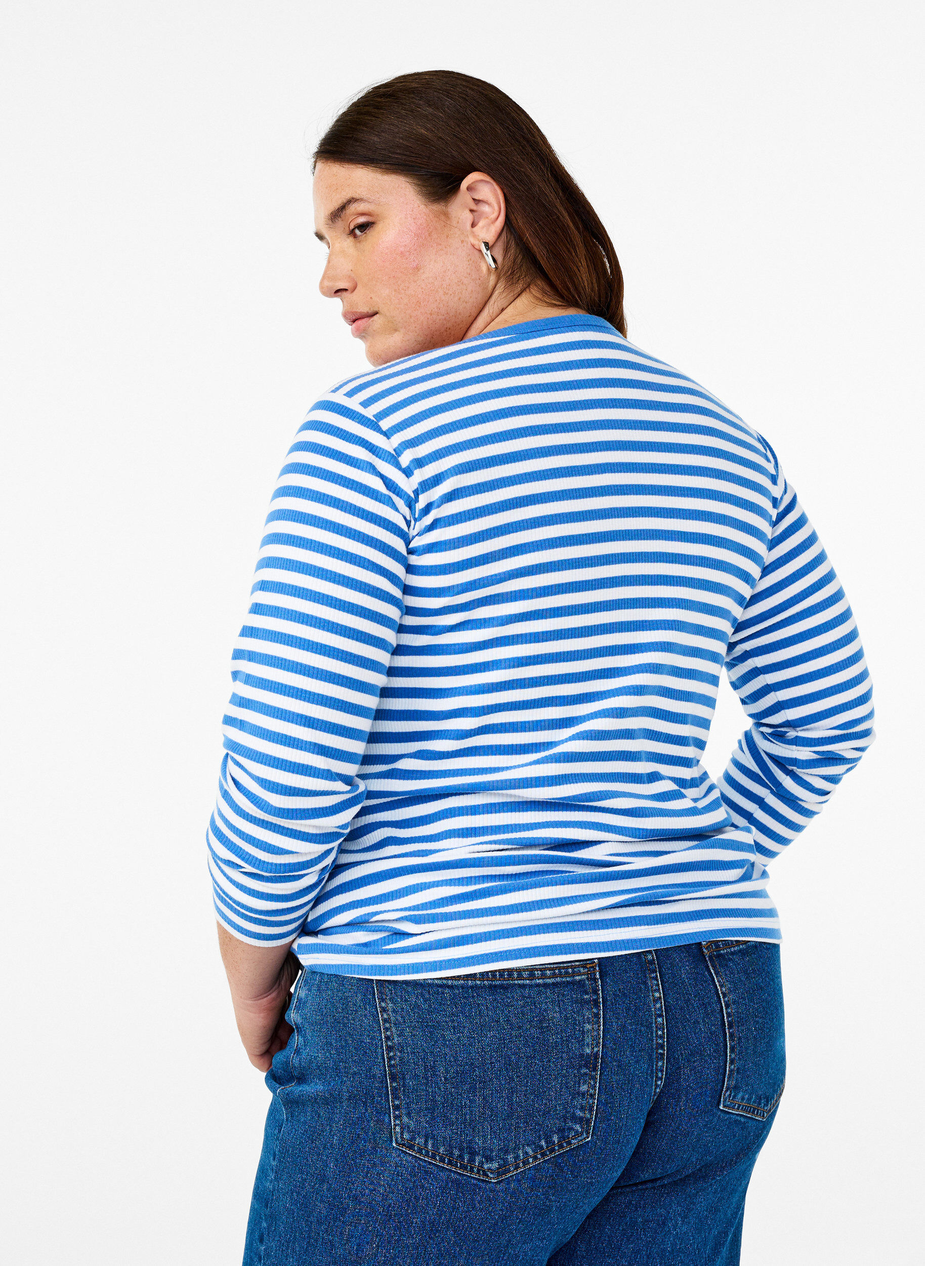 Zizzi Gestreifte Bluse mit langen &Auml;rmeln, Blau, Model image number 2