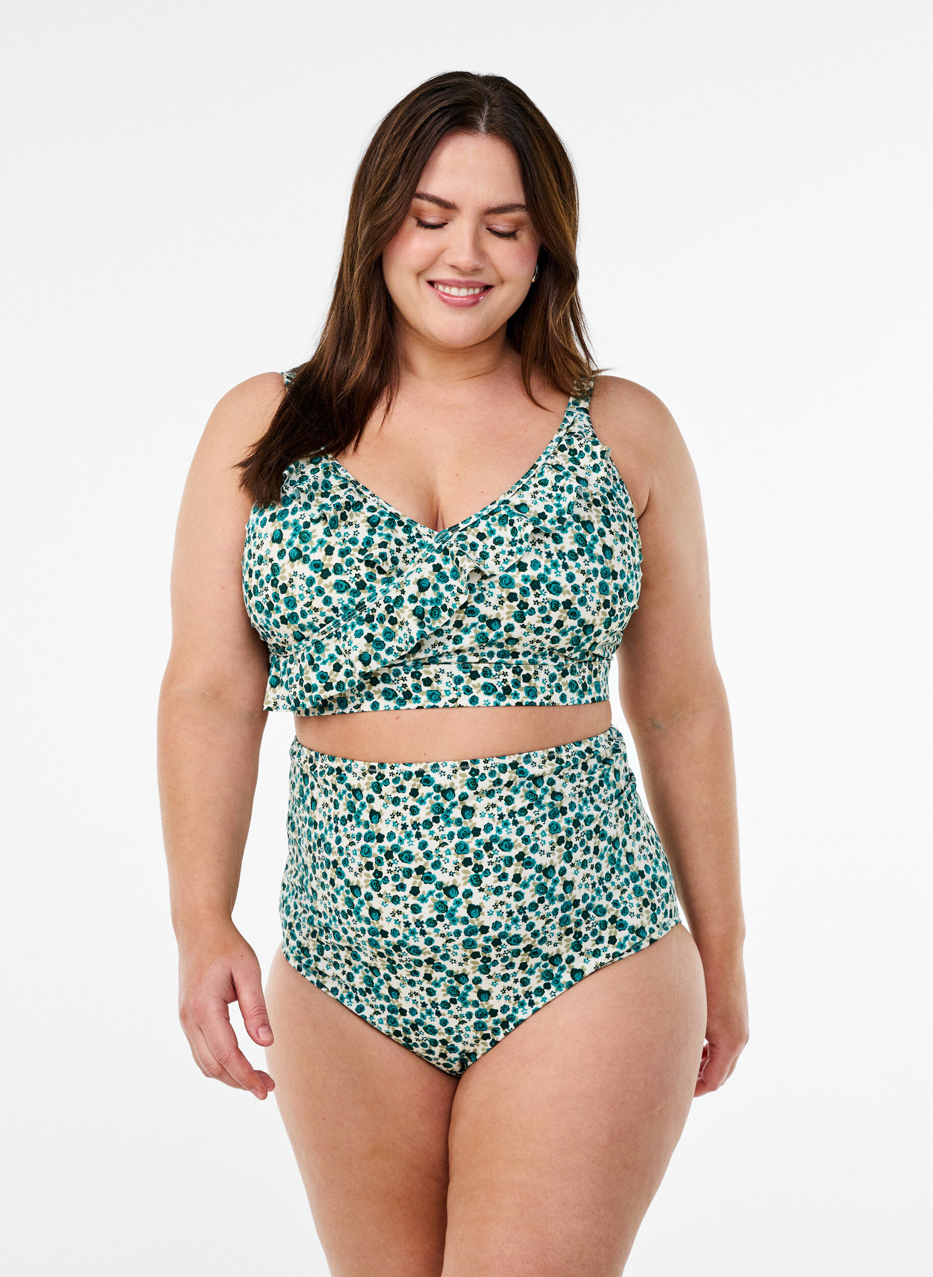 ZizziHaut de bikini &agrave; fleurs et &agrave; d&eacute;tails de jabot, Vert, Model image number 1