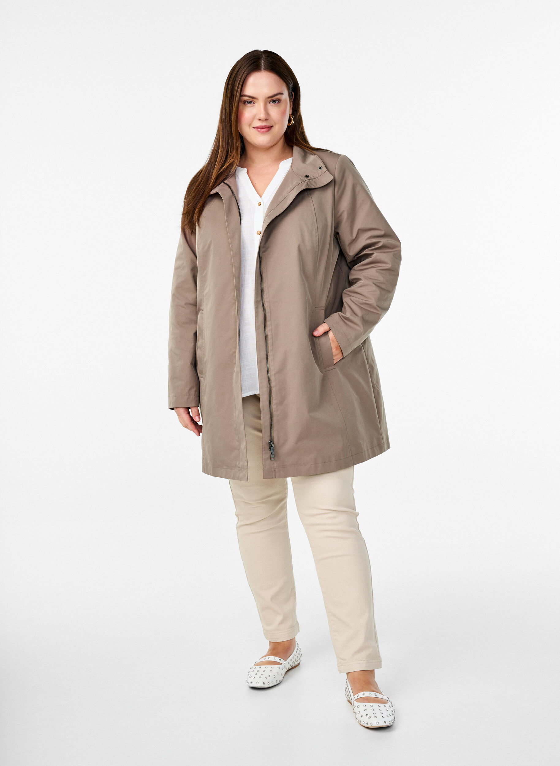 Zizzi Veste avec poches et col montant, Marron, Model image number 1