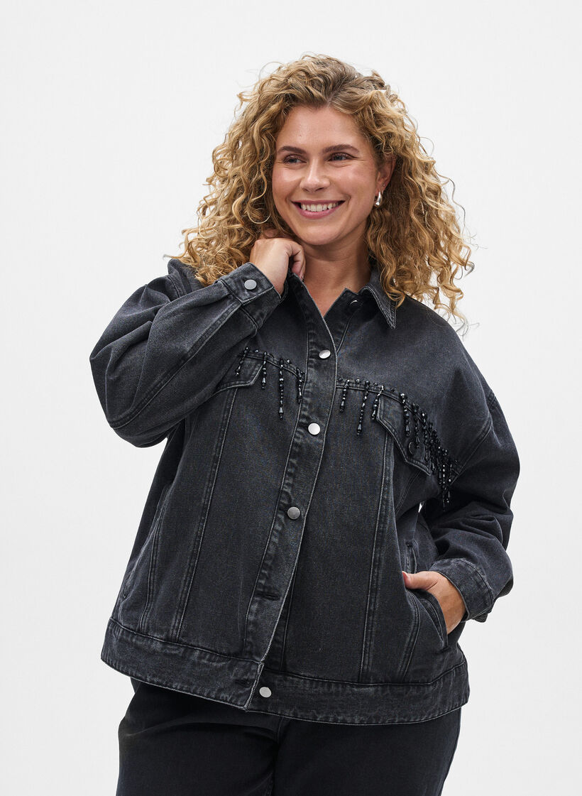 Veste en jean avec franges perlées, Gris, Model