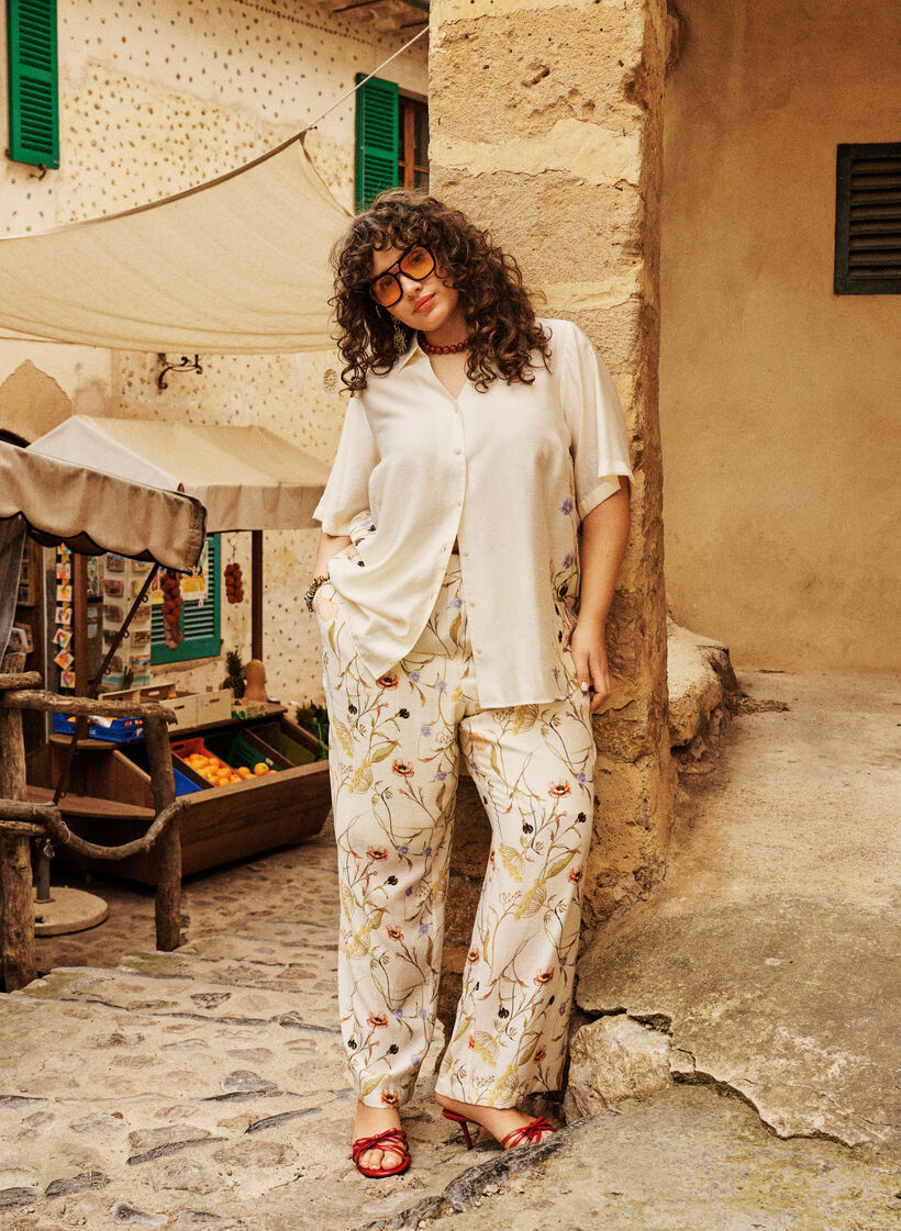 Pantalon taille haute en viscose &agrave; imprim&eacute; floral, Beige, Image image number 0