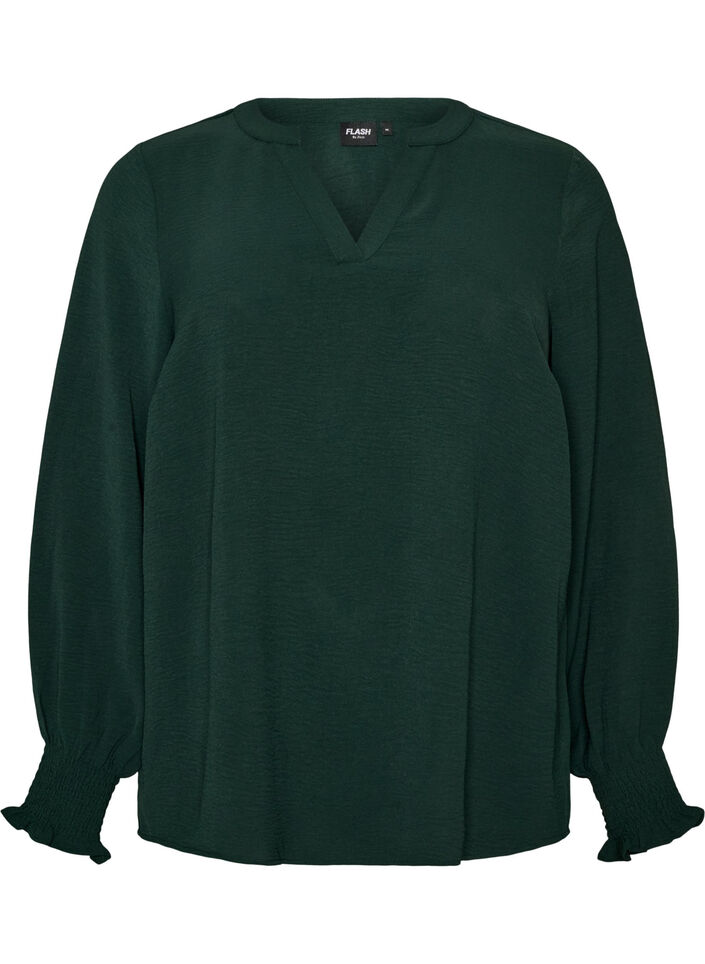 Bluse mit Smockb&uuml;ndchen und V-Ausschnitt, Gr&uuml;n, Packshot image number 0