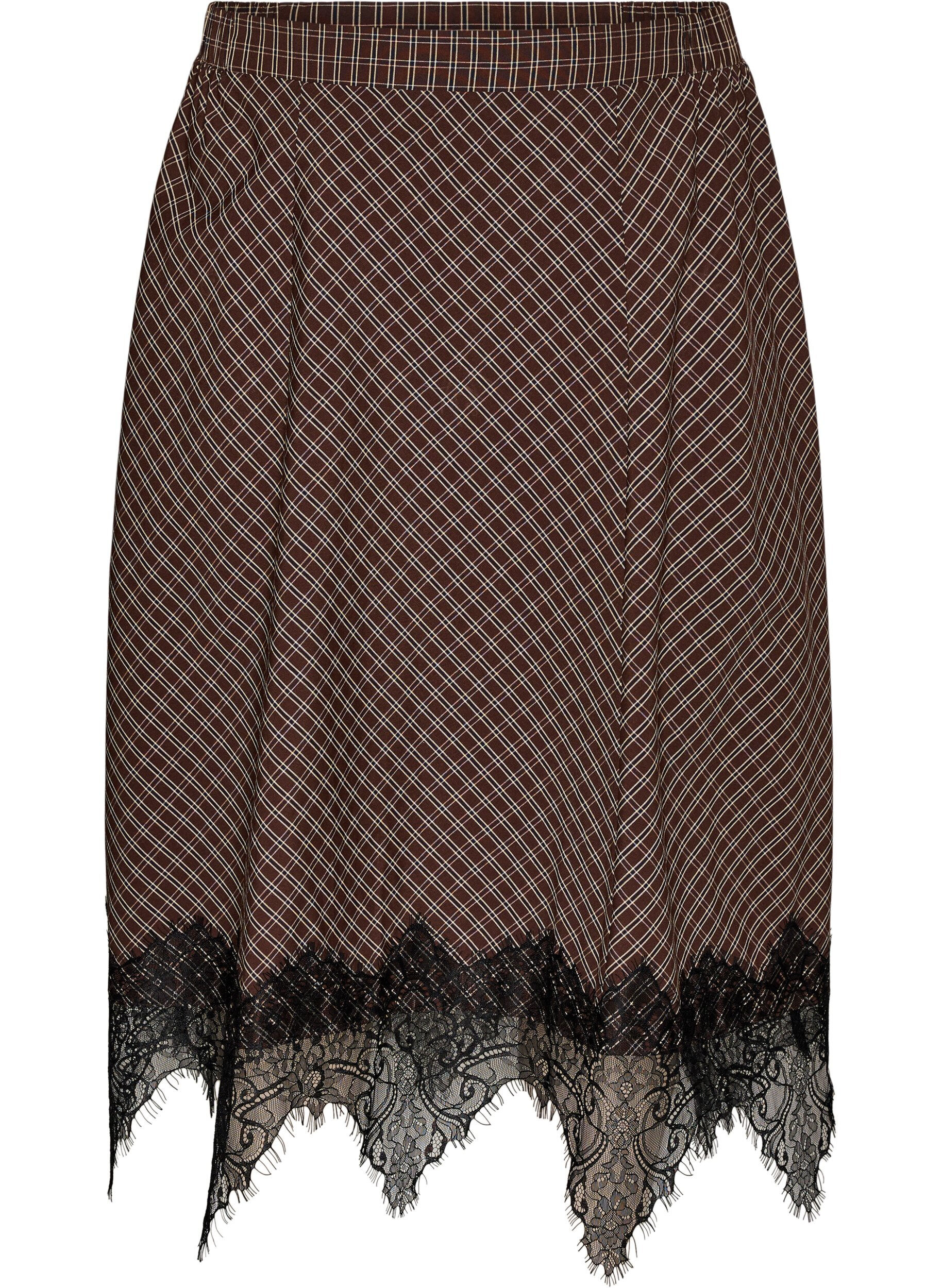 Jupe midi &agrave; carreaux avec bordure en dentelle