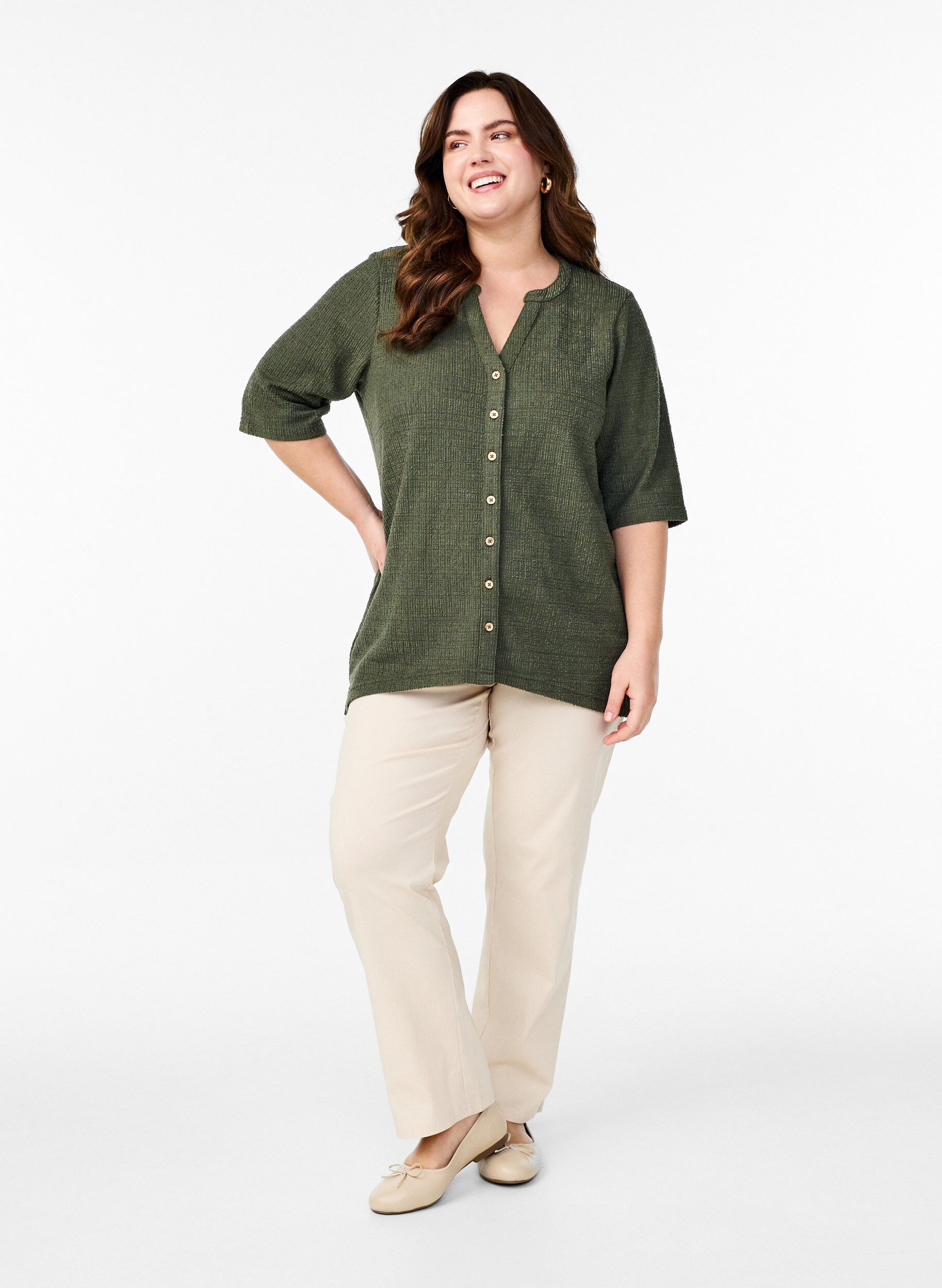 Zizzi Chemisier structur&eacute; avec encolure en V, Thyme, Model image number 2