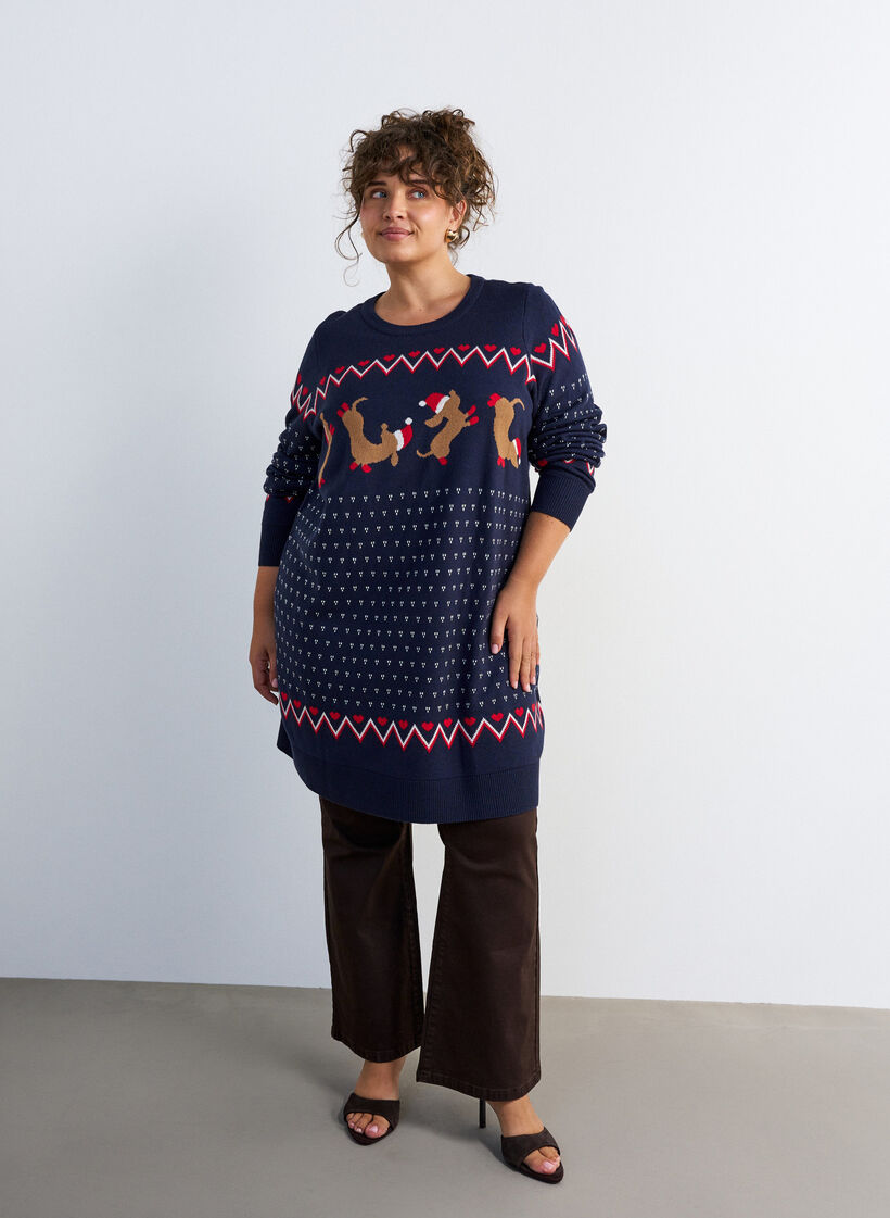 Robe courte en maille avec motif de No&euml;l, Bleu, Model image number 1