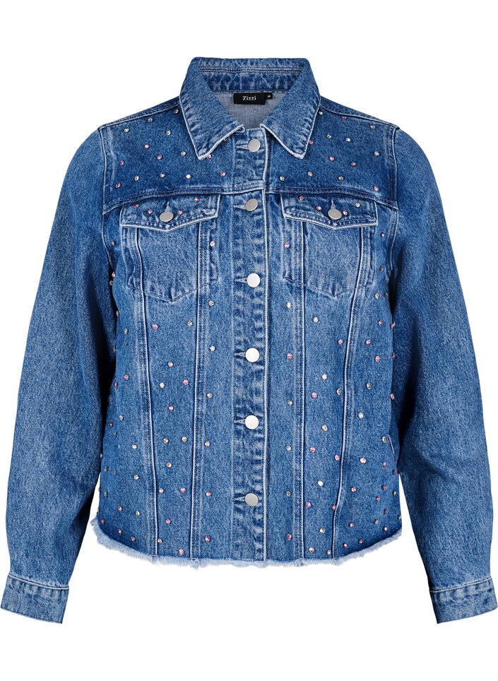 Jeansjacke mit Strasssteinen und einem Rough-Saum, Blau, Packshot image number 0