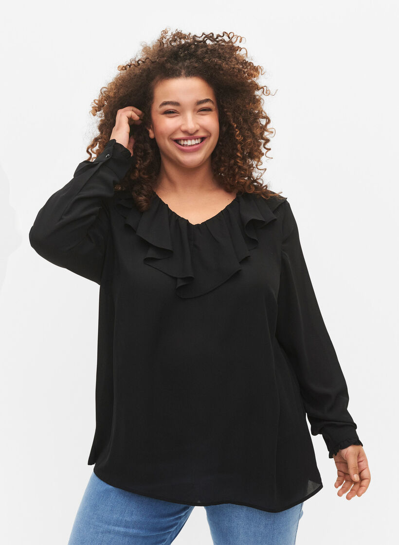 Blouse à manches longues à volants, Black, Model image number 0