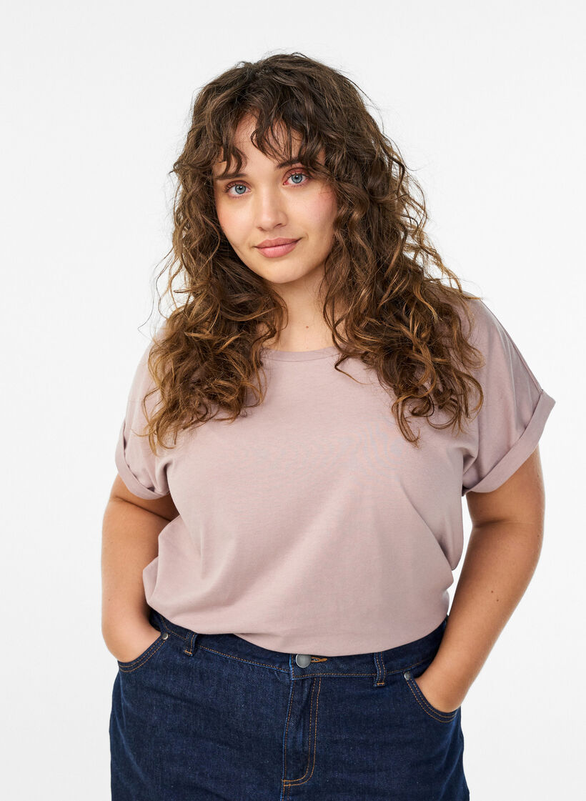 T-shirt &agrave; manches courtes en m&eacute;lange de coton, Rose poudr&eacute;e, Model image number 0
