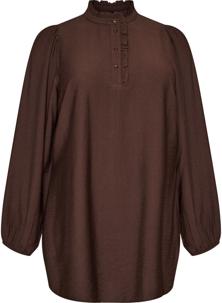 Tunique en viscose avec volants et boutons, Marron, Packshot image number 0