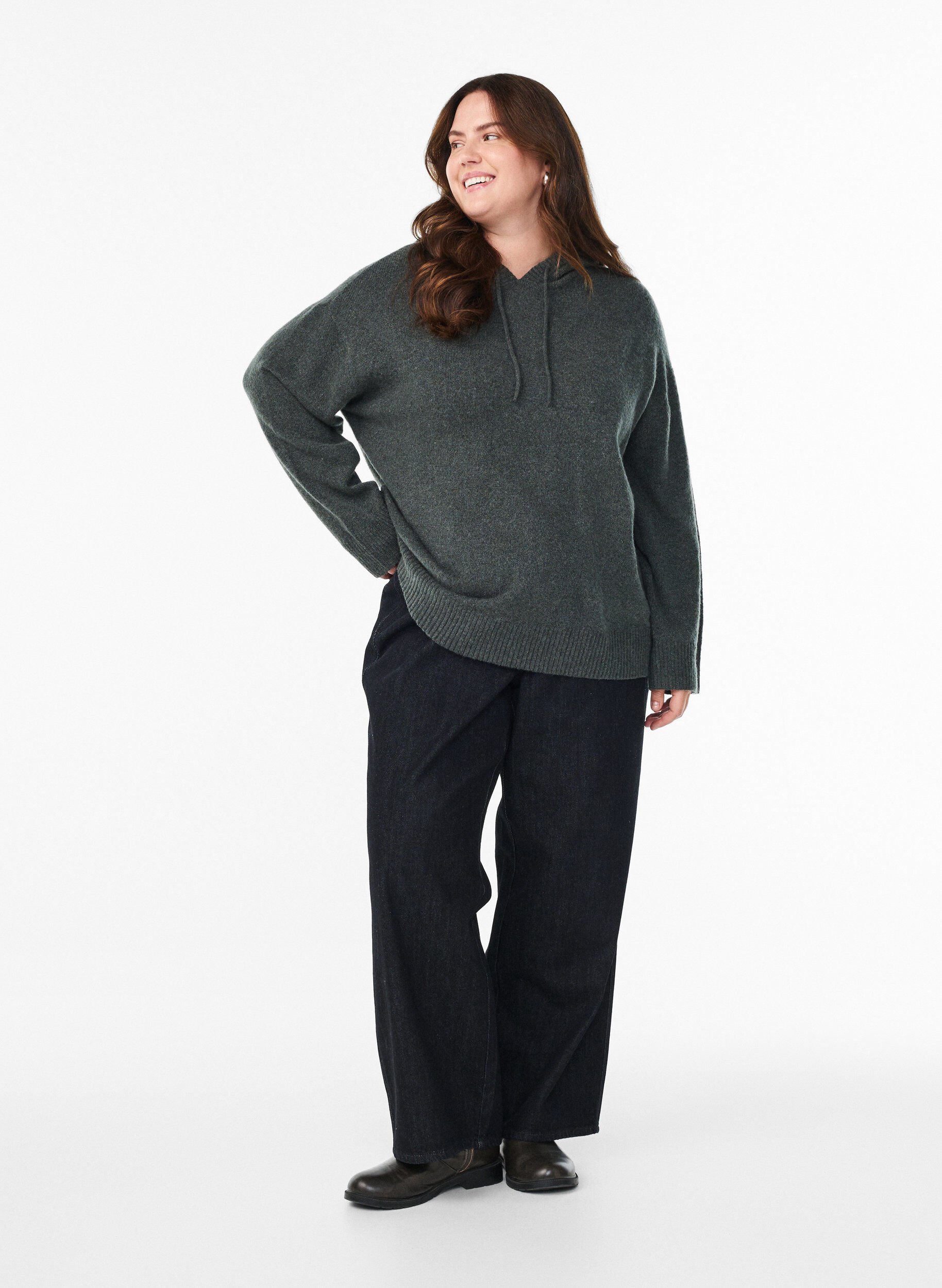 Zizzi Sweat &agrave; capuche en maille, Vert fonc&eacute;, Model image number 1