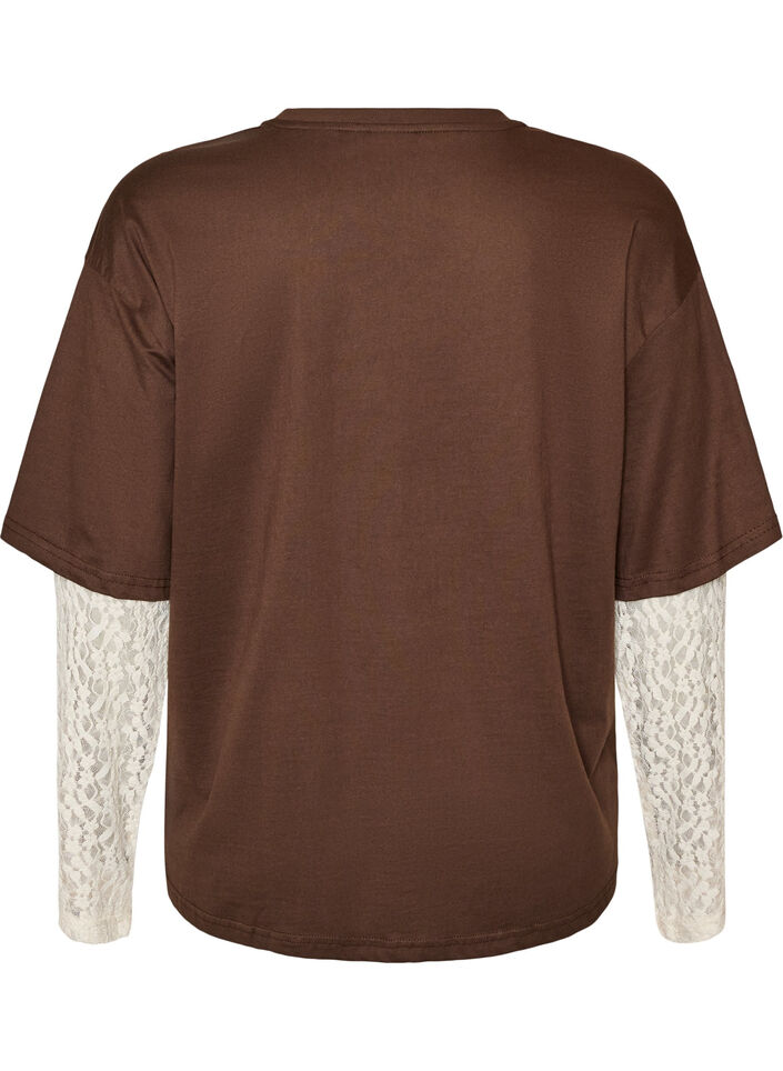 T-shirt ample avec manches longues en dentelle, Marron, Packshot image number 1
