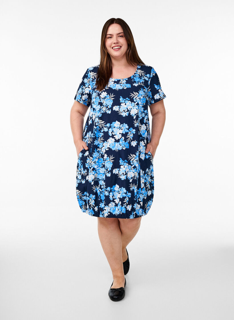 Kurz&auml;rmliges Baumwollkleid mit Aufdruck, Blau, Model image number 1