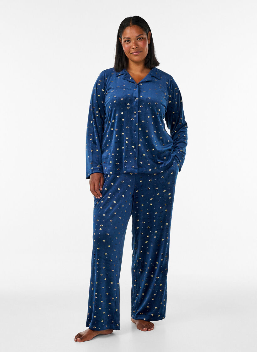 Pyjamaoberteil aus Velours mit Allover-Print, Blau, Model image number 1