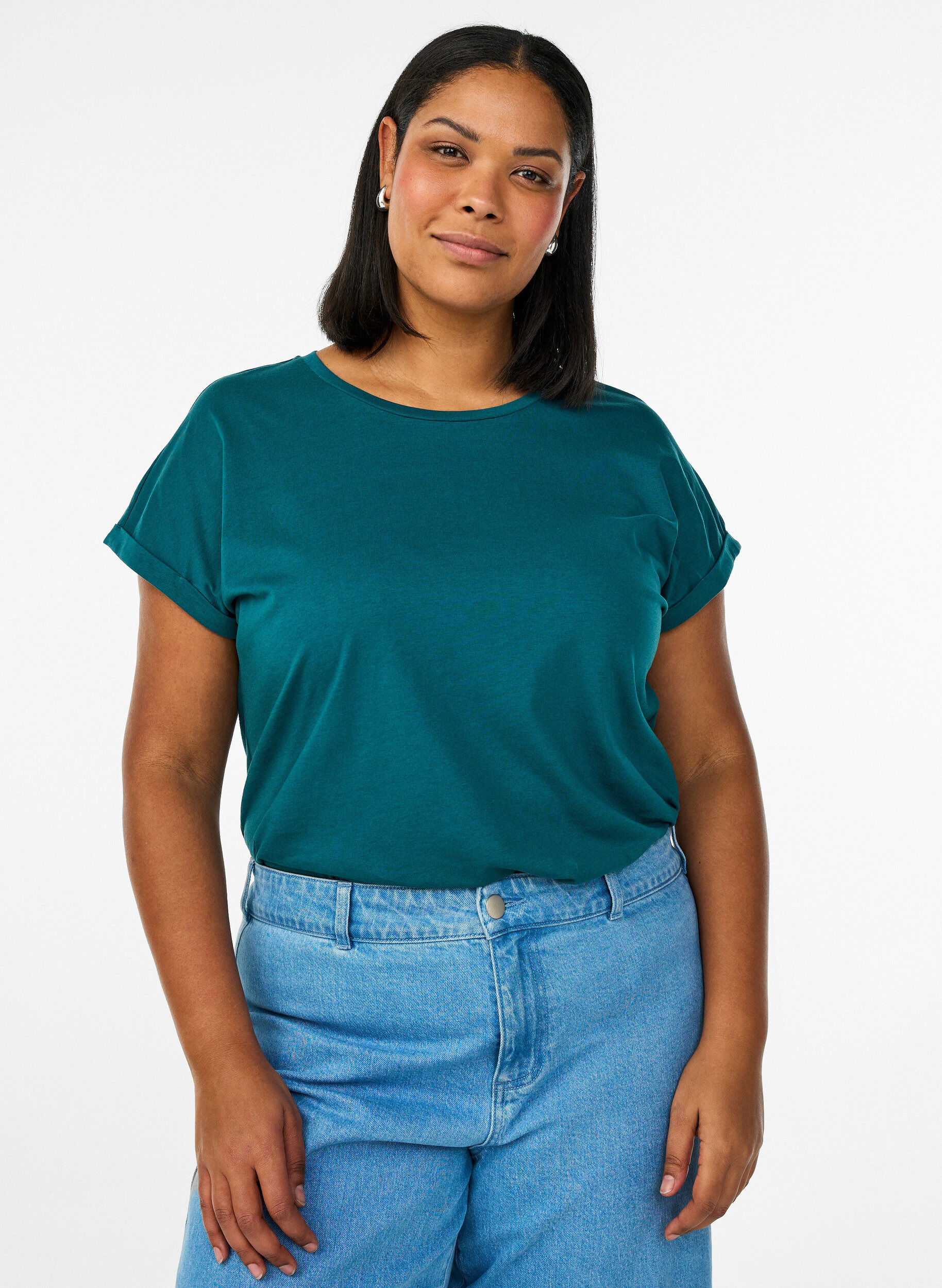 Kurz&auml;rmeliges T-Shirt aus Baumwollmischgewebe, Gr&uuml;n, Model